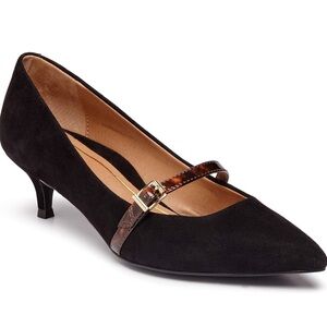 Vionic Black Suede Minnie Kitten Heel with Tortoiseshell Strap Size 9